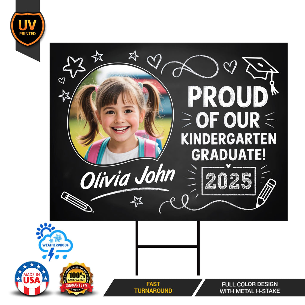 Personalized Kid Elementary Graduation 2025 Yard Sign with Photo, Preschool Sign, Class of 2025, Custom Grad Lawn Signage with Metal H-Stake