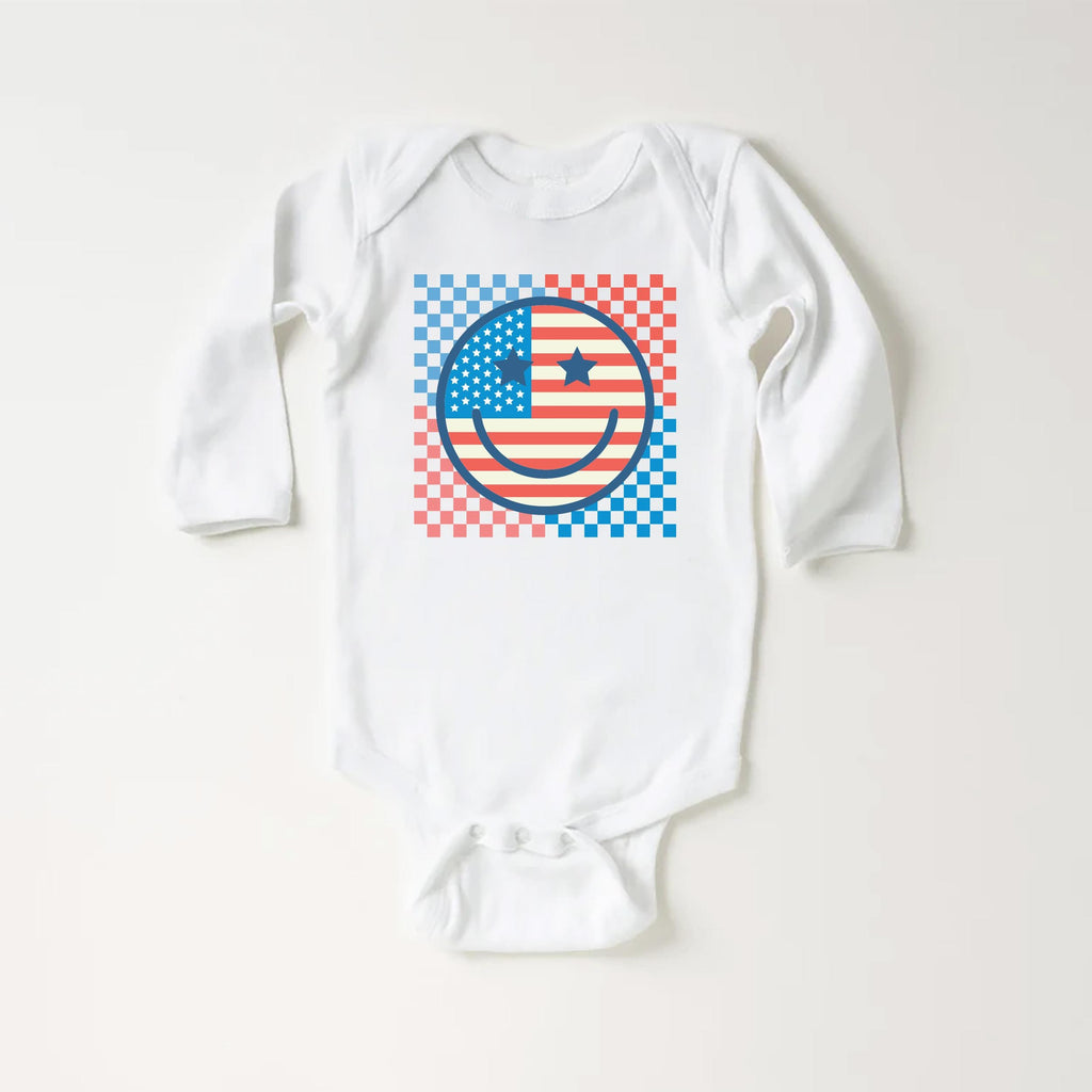 Retro Patriotic Onesie, Baby Bodysuit, Baby Shirt, Toddler Sweatshirt - Smiley Face Vintage Fourth of July Outfit, Cute USA Baby Gift Idea