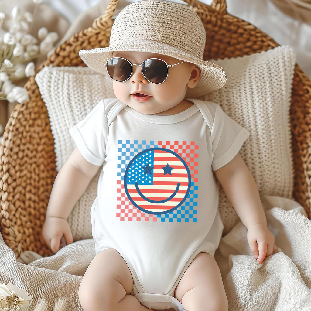 Retro Patriotic Onesie, Baby Bodysuit, Baby Shirt, Toddler Sweatshirt - Smiley Face Vintage Fourth of July Outfit, Cute USA Baby Gift Idea