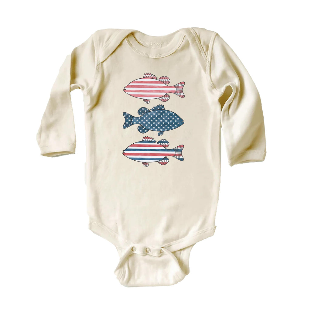 Patriotic Bass Onesie, Baby Bodysuit, Baby Shirt, Toddler Sweatshirt - American Flag Fish Outfit, Red, White & Blue Fourth of July Baby Gift