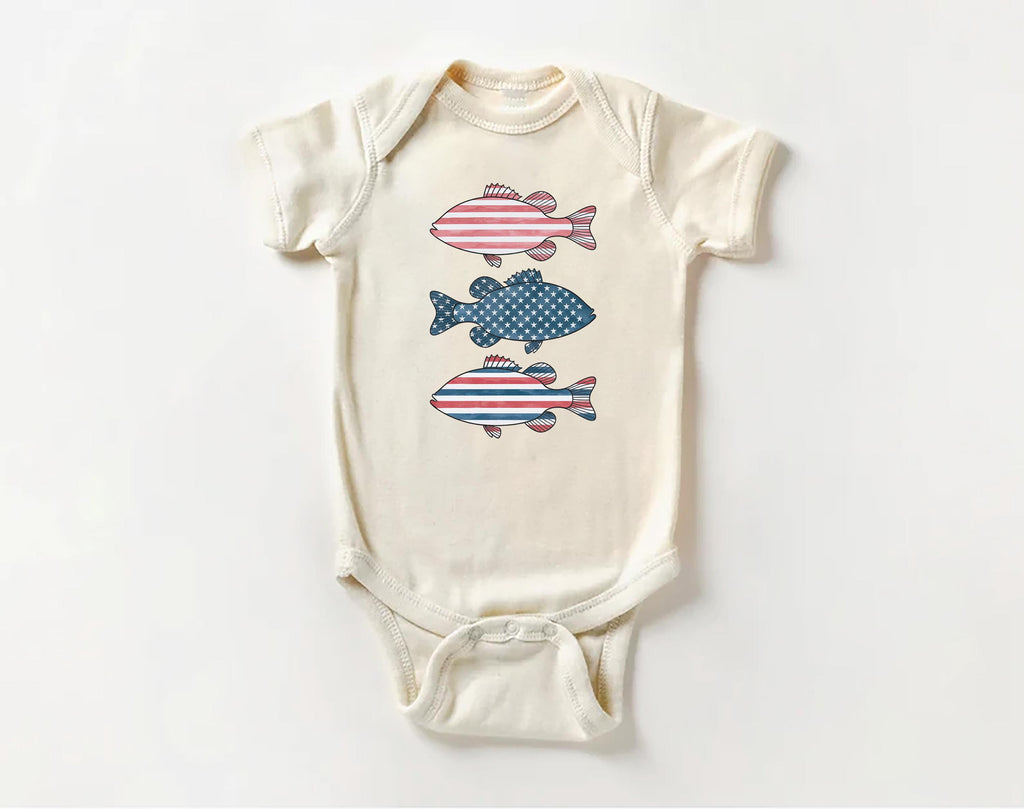 Patriotic Bass Onesie, Baby Bodysuit, Baby Shirt, Toddler Sweatshirt - American Flag Fish Outfit, Red, White & Blue Fourth of July Baby Gift