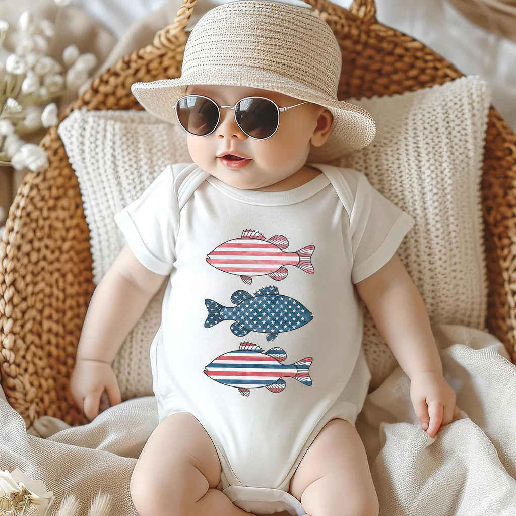 Patriotic Bass Onesie, Baby Bodysuit, Baby Shirt, Toddler Sweatshirt - American Flag Fish Outfit, Red, White & Blue Fourth of July Baby Gift