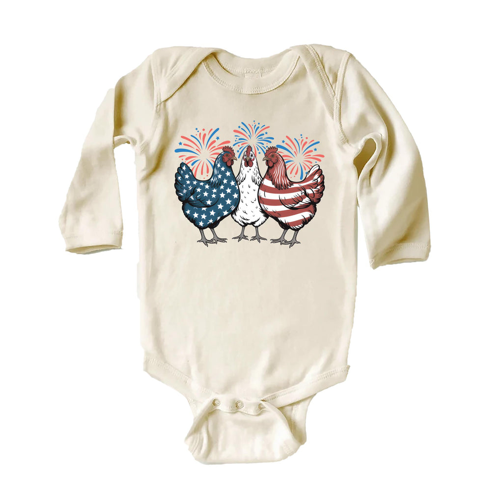 Patriotic Chicken Onesie, Baby Bodysuit, Baby Shirt, Toddler Sweatshirt - American Flag Fourth of July Outfit, Wild and Free USA Baby Gift