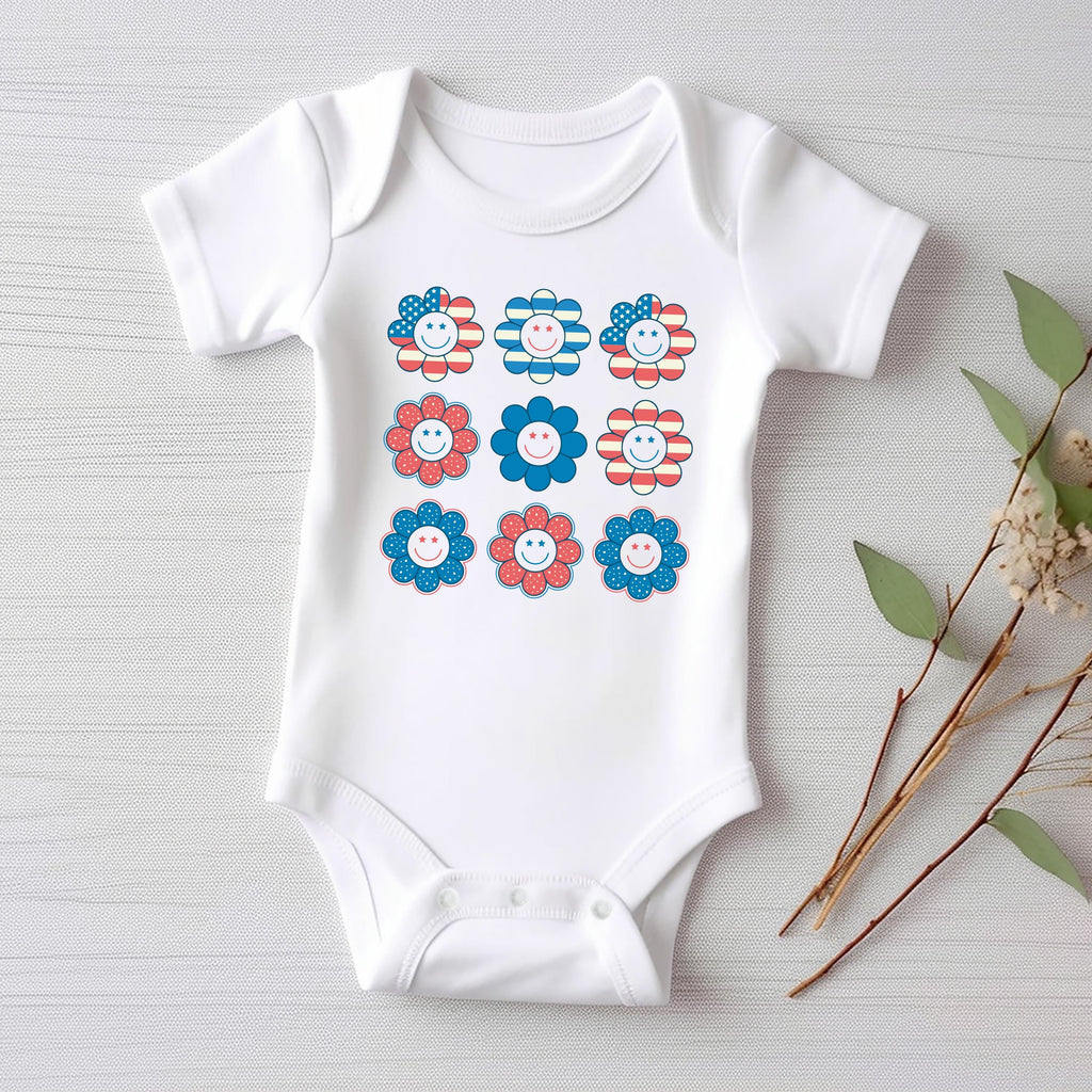 Patriotic Girl Onesie, Baby Bodysuit, Baby Shirt, Toddler Sweatshirt - Retro Smiley Face Hippie Fourth of July Outfit, USA Baby Gift for Her