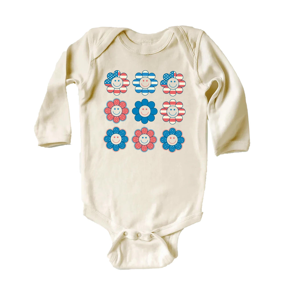 Patriotic Girl Onesie, Baby Bodysuit, Baby Shirt, Toddler Sweatshirt - Retro Smiley Face Hippie Fourth of July Outfit, USA Baby Gift for Her