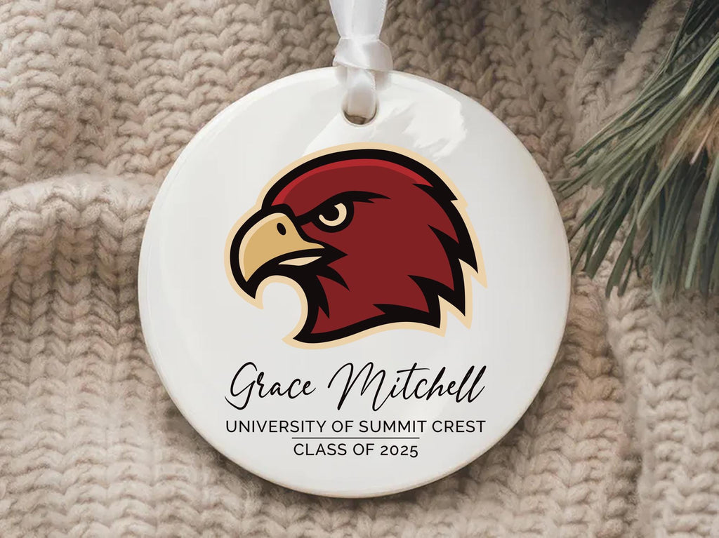 Custom University Logo Ceramic Ornament, College Graduation Keepsake Gift for Her, Class of 2025 Ornament, Personalized School Grad Decor