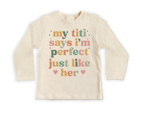My Titi Says I'm Perfect Onesie Baby Bodysuit, Baby Shirt, Toddler Sweatshirt, Auntie's Bestie Boho Rainbow Outfit, Cute Baby Girl Gift Idea