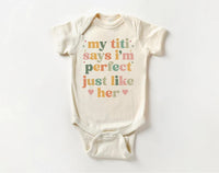 My Titi Says I'm Perfect Onesie Baby Bodysuit, Baby Shirt, Toddler Sweatshirt, Auntie's Bestie Boho Rainbow Outfit, Cute Baby Girl Gift Idea