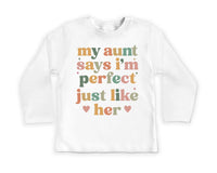My Aunt Says I'm Perfect Onesie, Baby Bodysuit, Baby Shirt, Toddler Sweatshirt - Auntie's Bestie Boho Outfit, Baby Gift, Auntie's Favorite