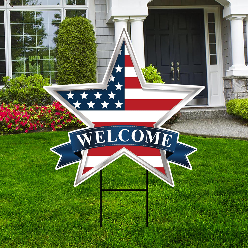 Star 4th of July Yard Sign, Welcome Patriotic US Flag Star Lawn Sign, Memorial Day Decorations Outdoor Garden Yard Sign with Metal H-Stake