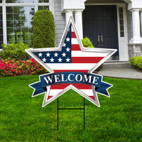 Star 4th of July Yard Sign, Welcome Patriotic US Flag Star Lawn Sign, Memorial Day Decorations Outdoor Garden Yard Sign with Metal H-Stake