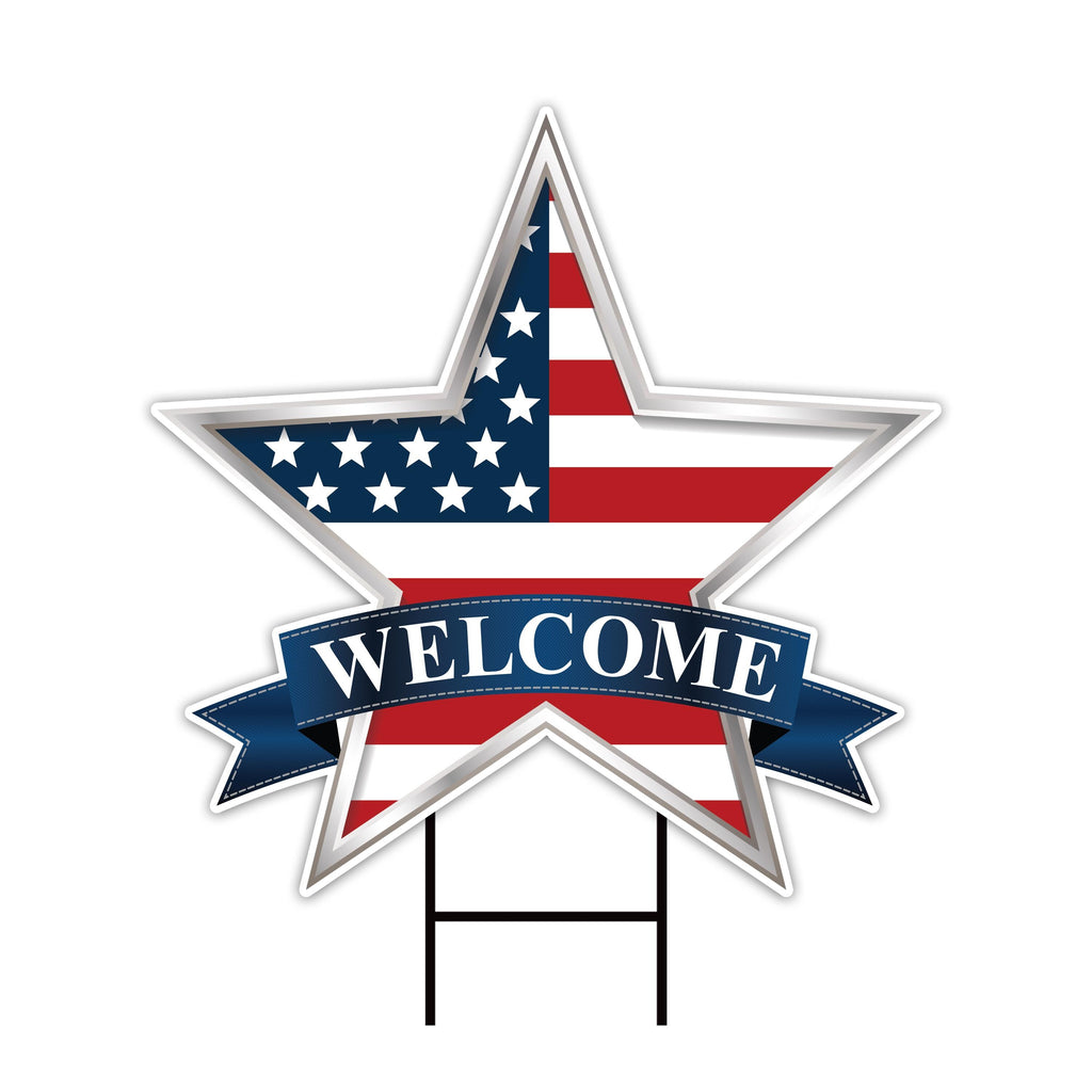 Star 4th of July Yard Sign, Welcome Patriotic US Flag Star Lawn Sign, Memorial Day Decorations Outdoor Garden Yard Sign with Metal H-Stake