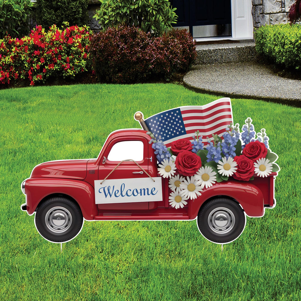 Red Truck Patriotic Yard Sign Cutout - 4th of July, Memorial Day, Independence Day, Veterans Day Yard Decorations Outdoor With Metal Stakes