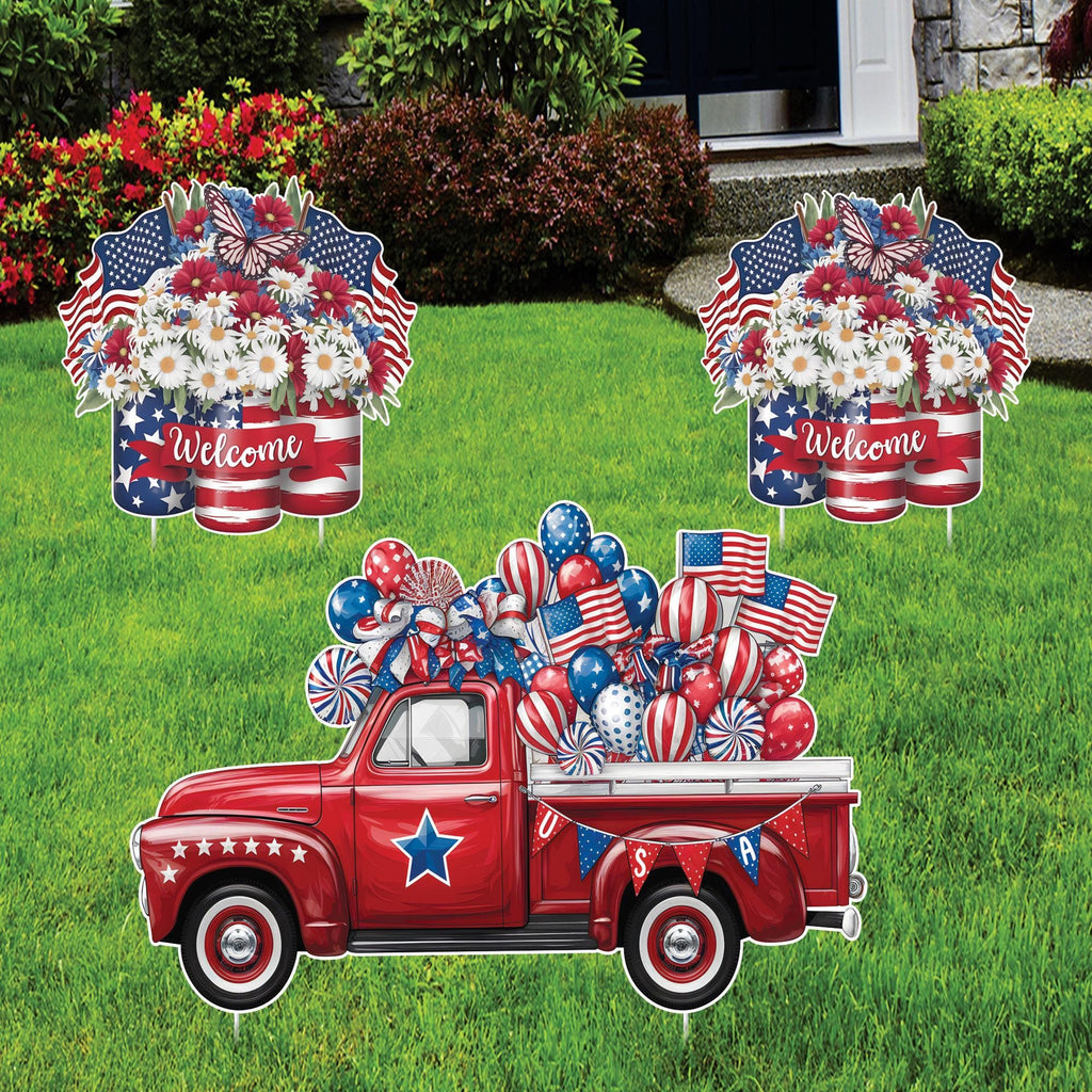 Red Truck Patriotic Welcome Yard Sign Cutout - 4th of July, Memorial Day, Veterans Day, Independence Day Yard Decorations With Metal Stakes