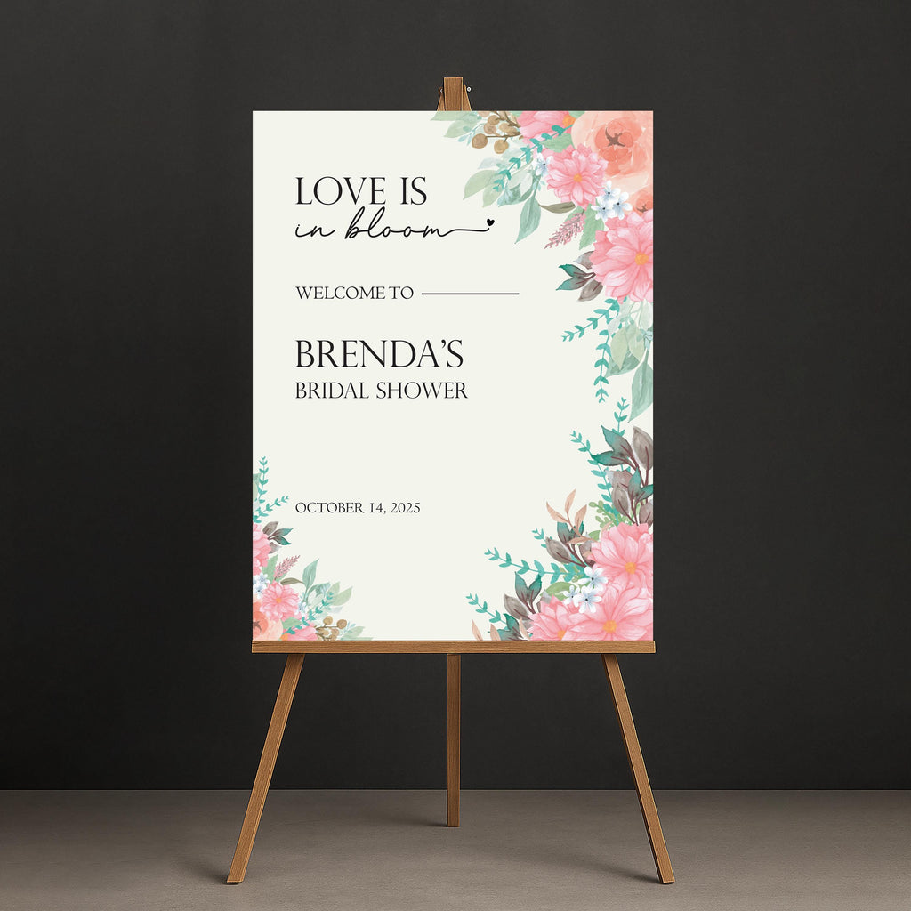 Love is In Bloom Bridal Shower Welcome Sign, Floral Bridal Party Decor, Custom Foamcore PVC Acrylic Poster, Romantic Wedding Sign
