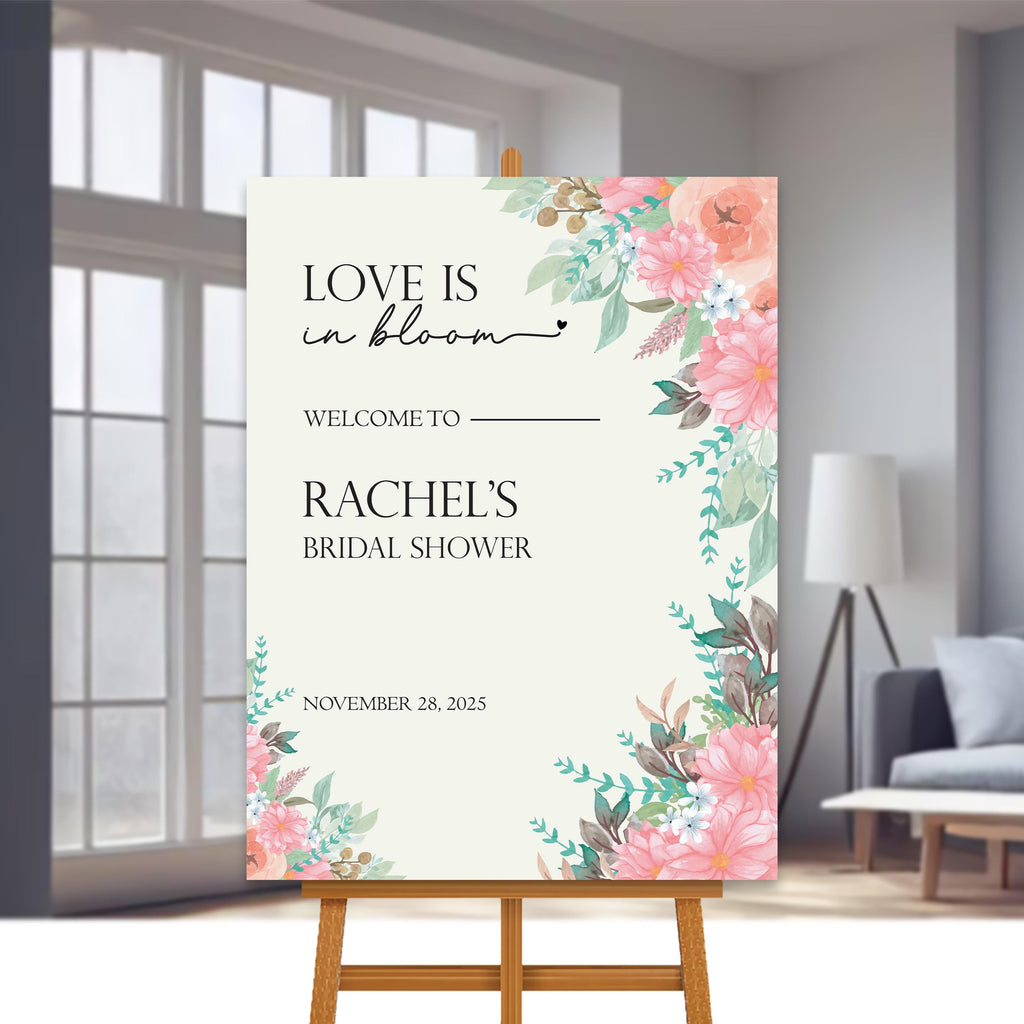 Love is In Bloom Bridal Shower Welcome Sign, Floral Bridal Party Decor, Custom Foamcore PVC Acrylic Poster, Romantic Wedding Sign