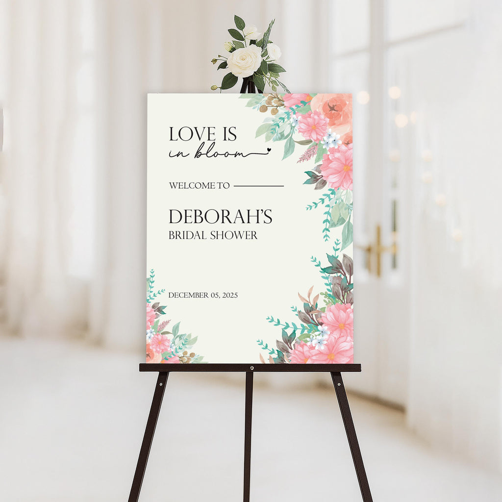 Love is In Bloom Bridal Shower Welcome Sign, Floral Bridal Party Decor, Custom Foamcore PVC Acrylic Poster, Romantic Wedding Sign