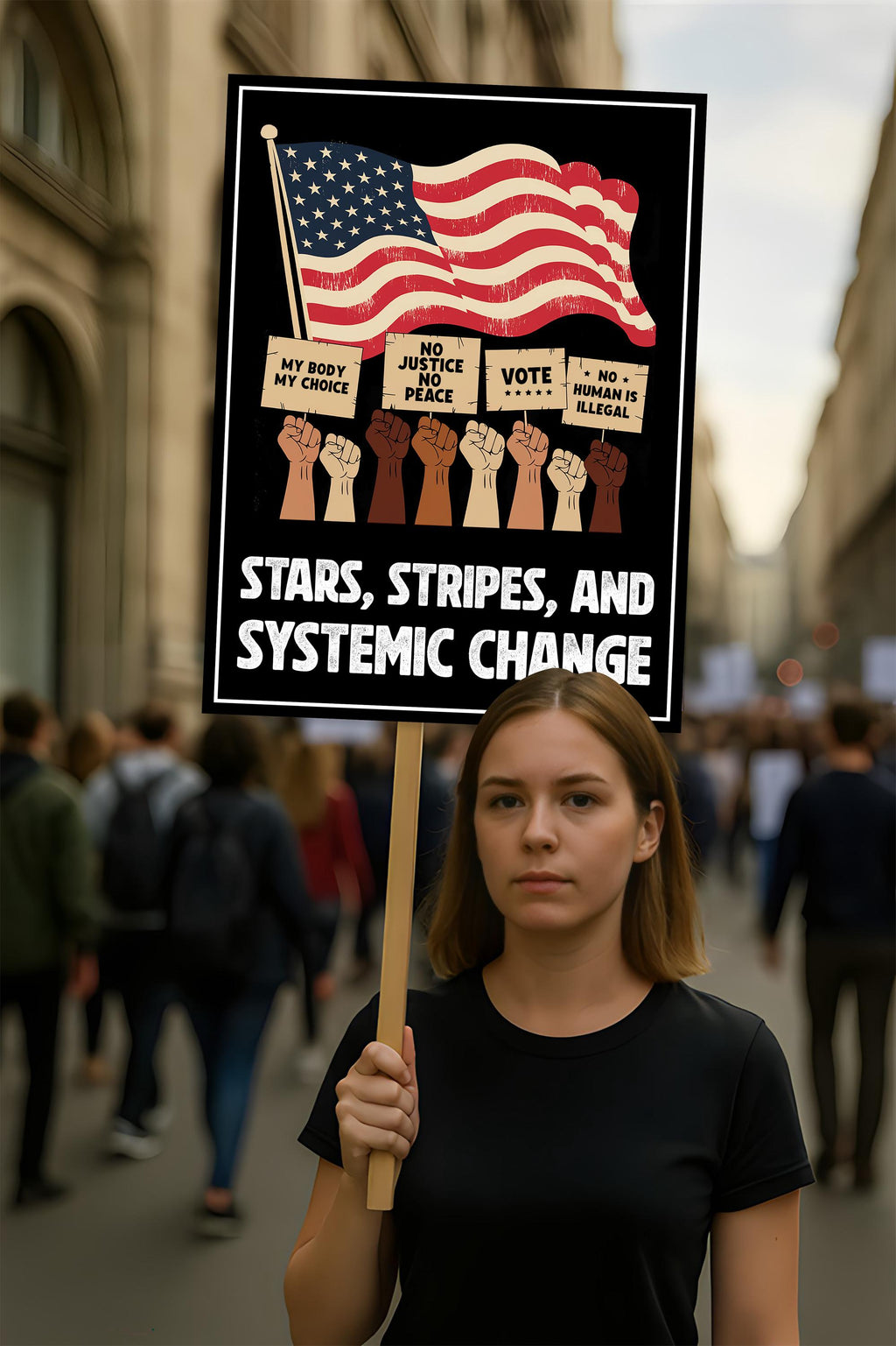 Stars, Stripes & Systemic Change Protest Sign, Anti-Trump Resistance, Political Activist Poster