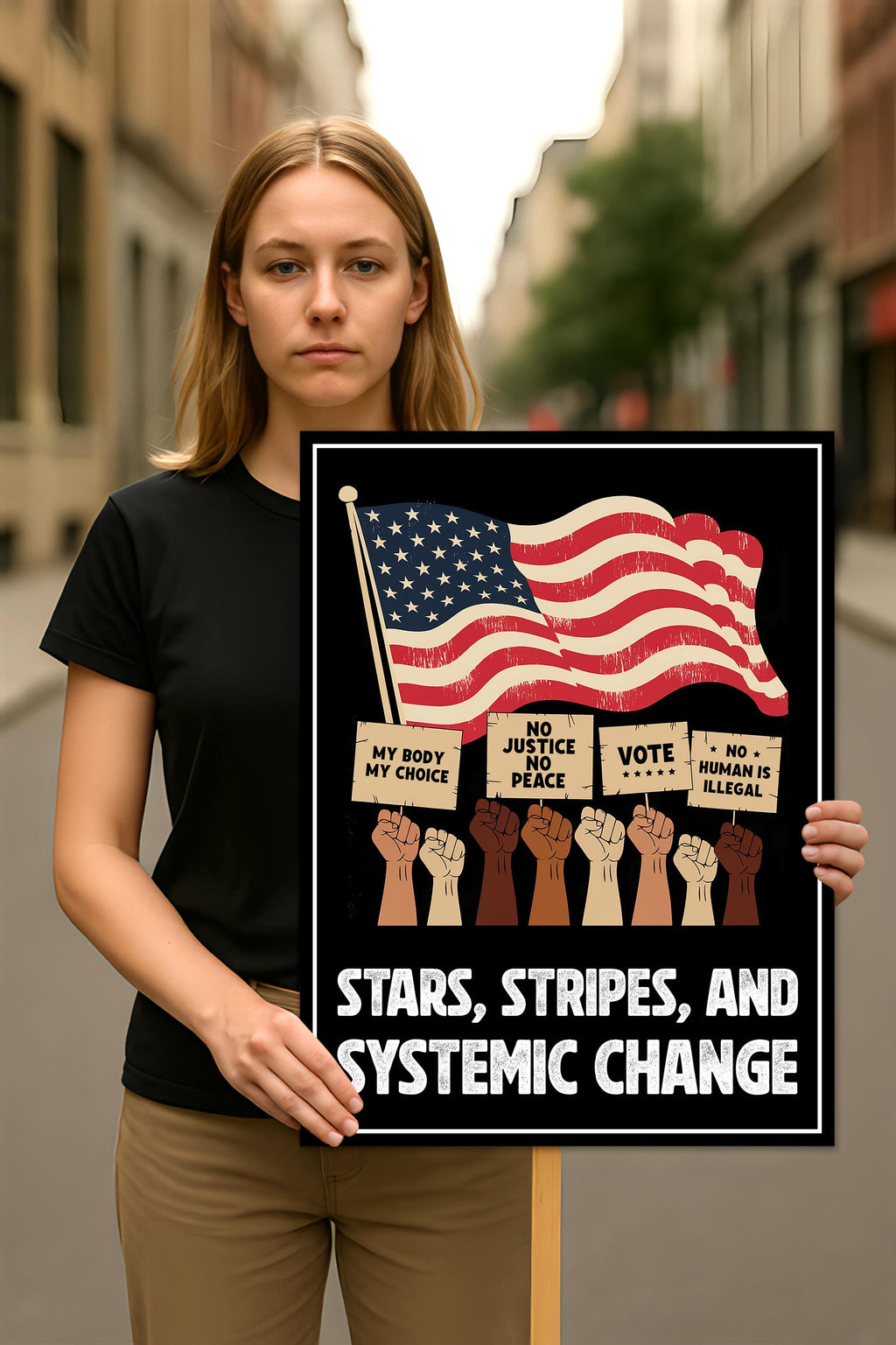 Stars, Stripes & Systemic Change Protest Sign, Anti-Trump Resistance, Political Activist Poster
