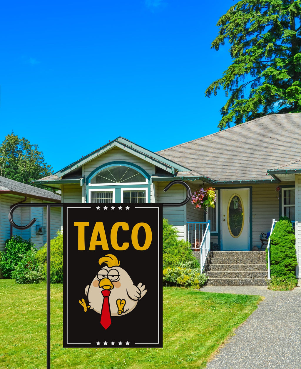 Let's Go Taco Trump Always Chickens Out Protest Garden Flag, Double Sided