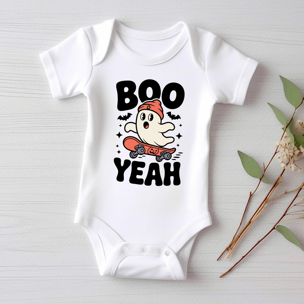Boo Yeah Baby Bodysuit, Retro Ghost Baby Shirt, Halloween Toddler Sweatshirt - Skater Themed Outfit, Cute Spooky Fall Baby Clothes