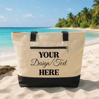 Custom Tote Bag with Zipper, Personalized Text Photo Logo Canvas Beach Bag, Bridesmaid Bachelorette Gift, Lake Boat Trip Tote Bag