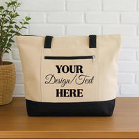 Custom Tote Bag with Zipper, Personalized Text Photo Logo Canvas Beach Bag, Bridesmaid Bachelorette Gift, Lake Boat Trip Tote Bag