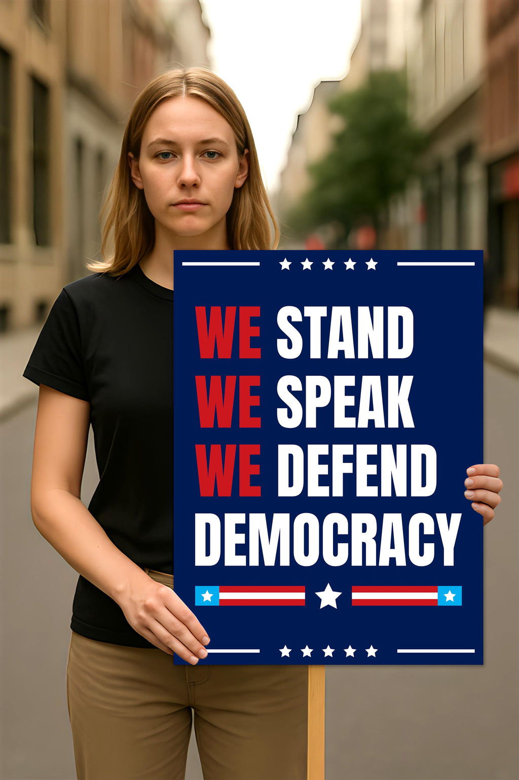 We Stand. We Speak. We Defend Democracy Protest Sign, Anti-Trump