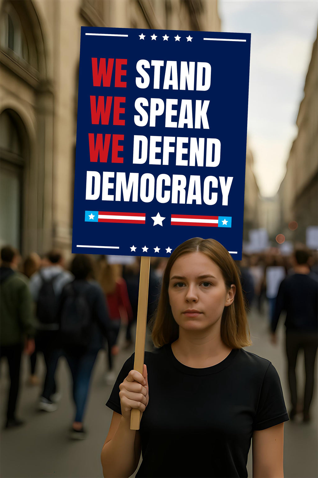 We Stand. We Speak. We Defend Democracy Protest Sign, Anti-Trump