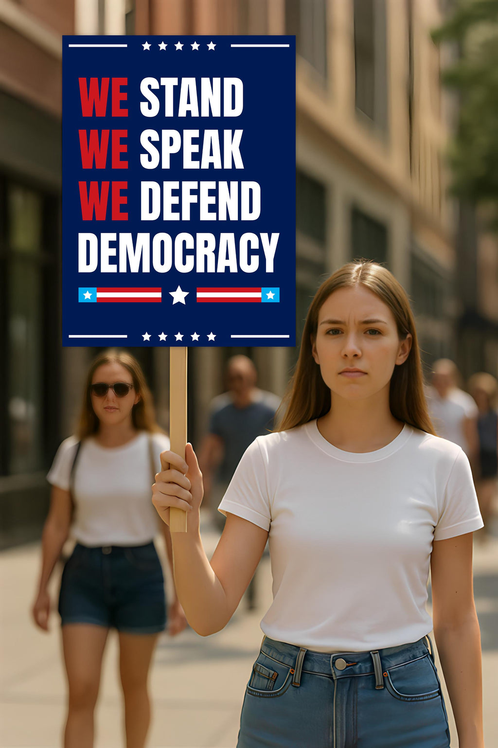We Stand. We Speak. We Defend Democracy Protest Sign, Anti-Trump