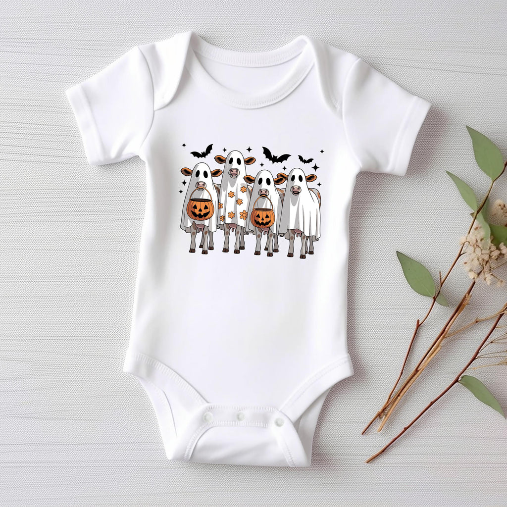 Ghost Cows Baby Bodysuit, Cute Halloween Cow Baby Shirt, Retro Fall Toddler Sweatshirt - Spooky Farm Animal Outfit