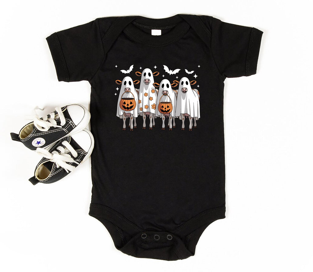 Ghost Cows Baby Bodysuit, Cute Halloween Cow Baby Shirt, Retro Fall Toddler Sweatshirt - Spooky Farm Animal Outfit
