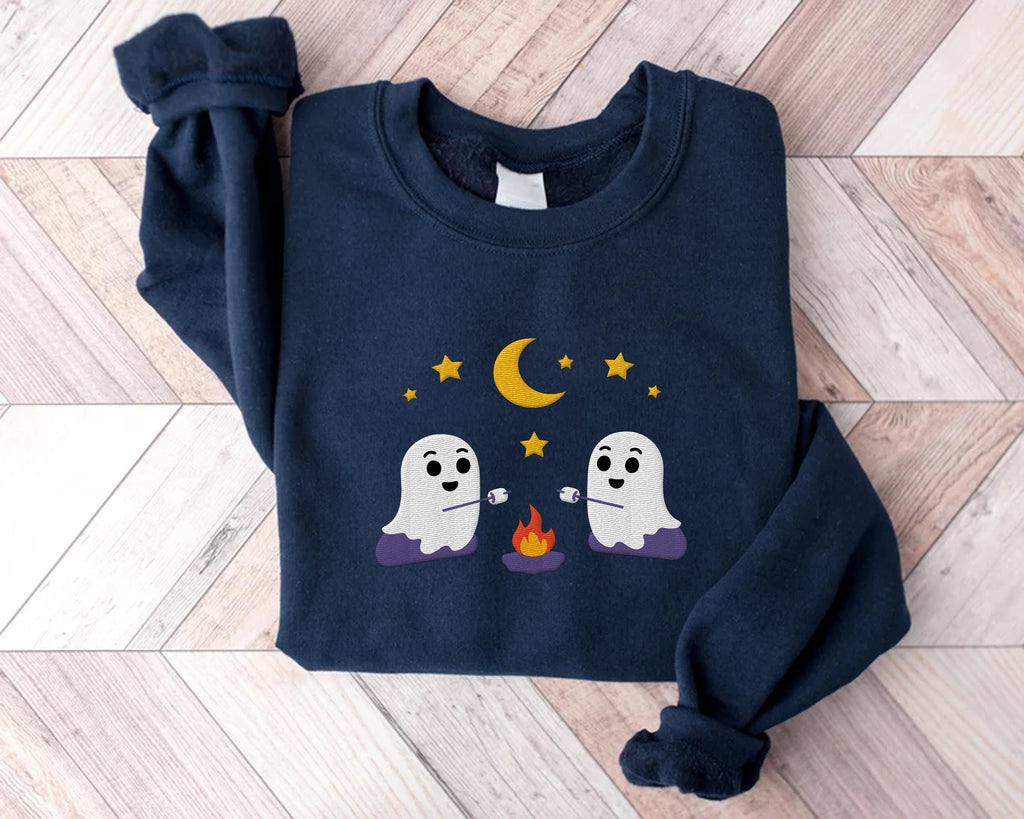 Spooky Season Hoodie, Cute Ghosts Camping Embroidered Sweatshirt, Halloween Shirt, Vintage Ghost Long Sleeve Shirt, Fall Embroidery Gift