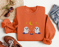 Spooky Season Hoodie, Cute Ghosts Camping Embroidered Sweatshirt, Halloween Shirt, Vintage Ghost Long Sleeve Shirt, Fall Embroidery Gift