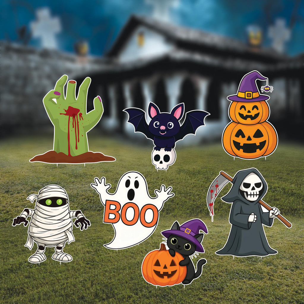 Halloween Yard Sign Set, Pumpkin Ghost Bat Mummy Frankenstein Lawn Decorations, Outdoor Halloween Signs with Stakes for Garden or Patio