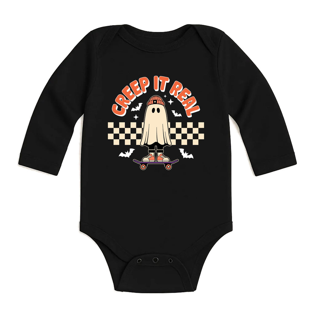 Skater Ghost Baby Shirt, Creep It Real Baby Bodysuit, Halloween Toddler Sweatshirt - Retro Boys Outfit, Spooky Skate Fall Clothes