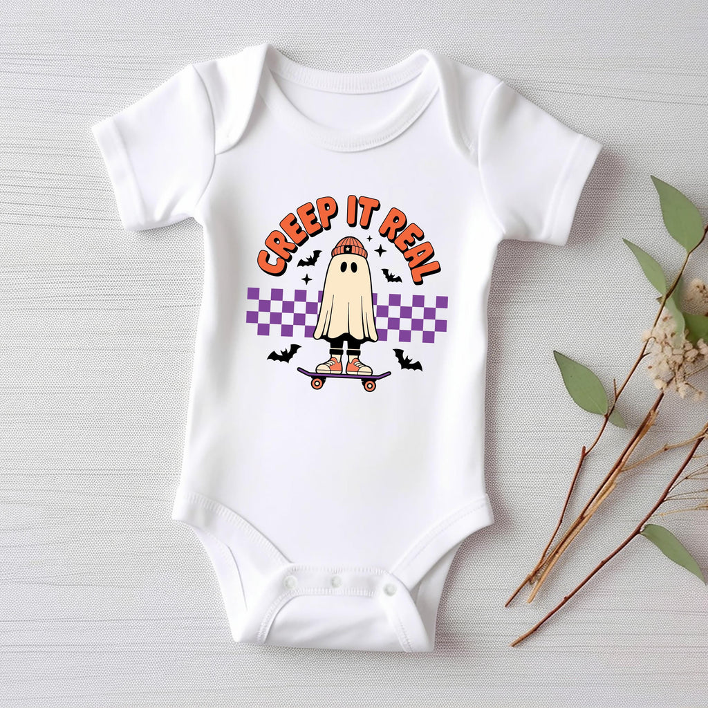 Skater Ghost Baby Shirt, Creep It Real Baby Bodysuit, Halloween Toddler Sweatshirt - Retro Boys Outfit, Spooky Skate Fall Clothes