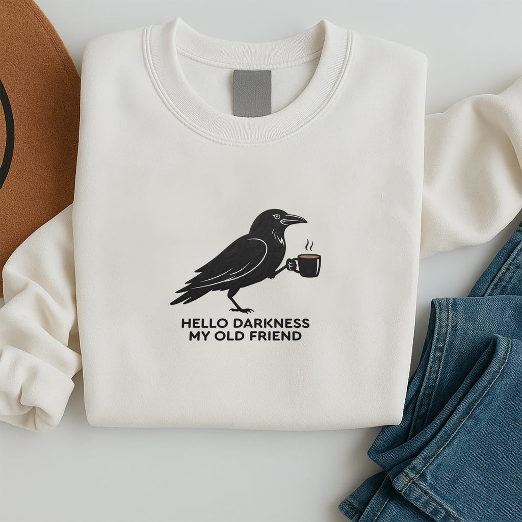 Raven Crow Coffee Embroidered Sweatshirt, Halloween Fall Hoodie, Spooky Coffee Shirt, Autumn Long Sleeve Shirt, Gift for Coffee Lover