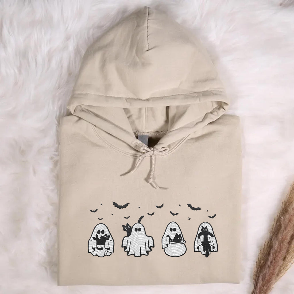 Spooky Season Hoodie, Halloween Black Cat & Ghost Embroidered Sweatshirt, Cute Cat Shirt, Fall Long Sleeve Shirt, Halloween Gift for Her