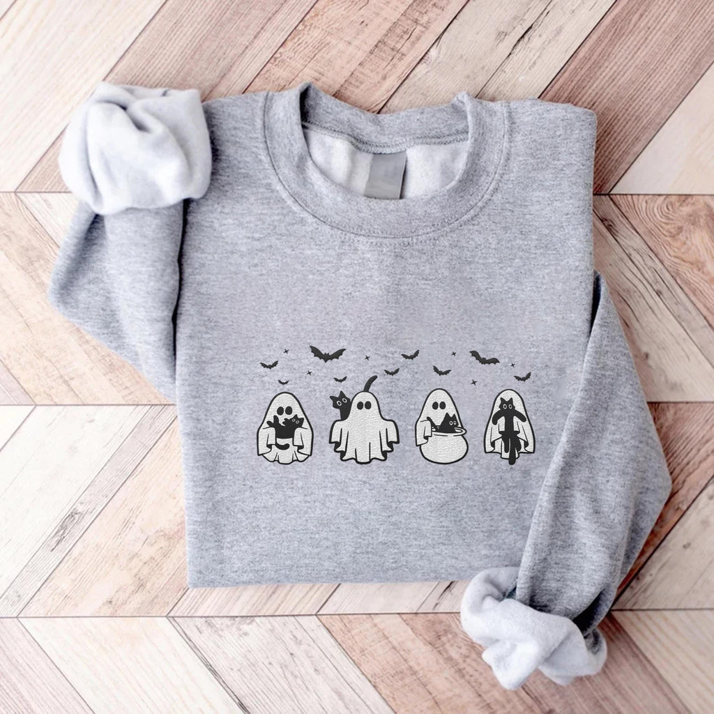 Halloween Black Cat & Ghost Embroidered Sweatshirt, Spooky Season Hoodie, Cute Cat Shirt, Fall Long Sleeve Shirt, Halloween Gift for Her