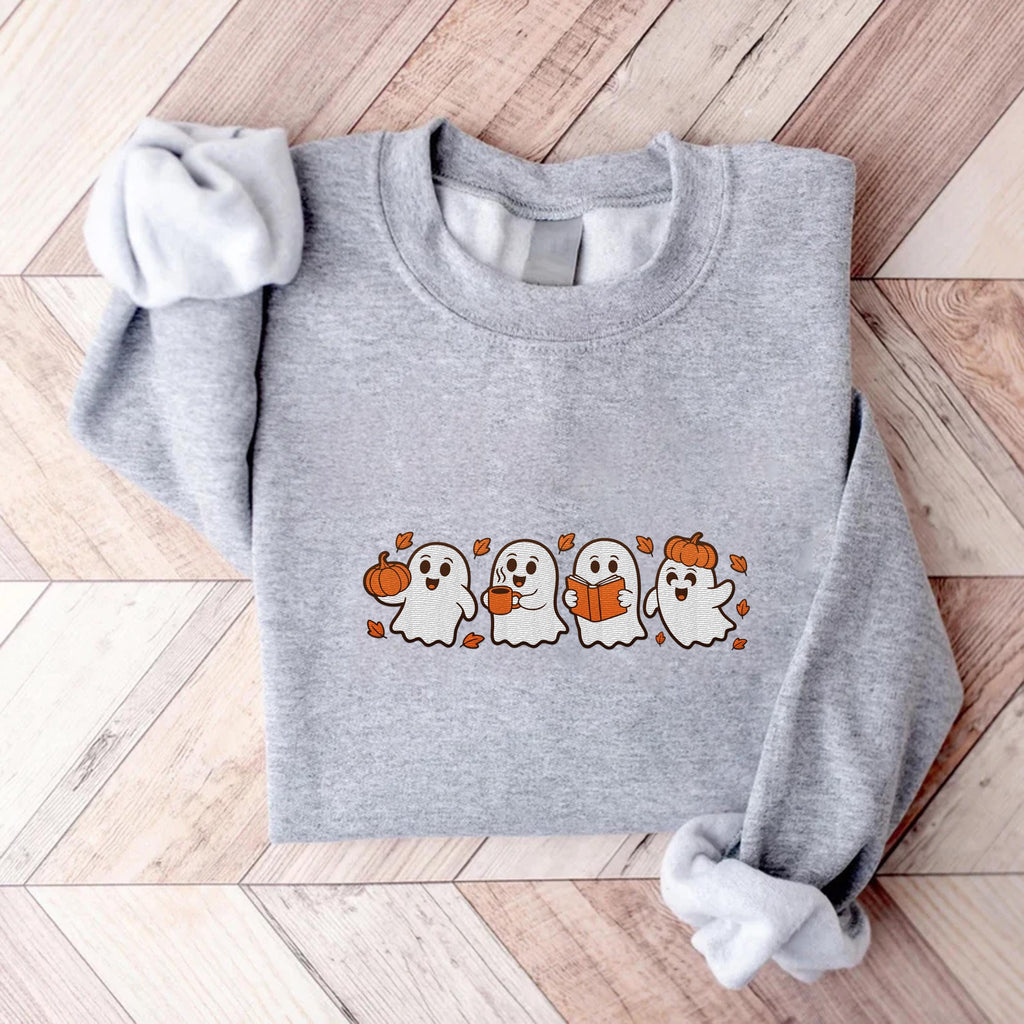 Spooky Fall Embroidered Sweatshirt, Vintage Halloween Pumpkin Hoodie, Ghost Shirt, Spooky Season Long Sleeve Shirt, Halloween Gift Idea
