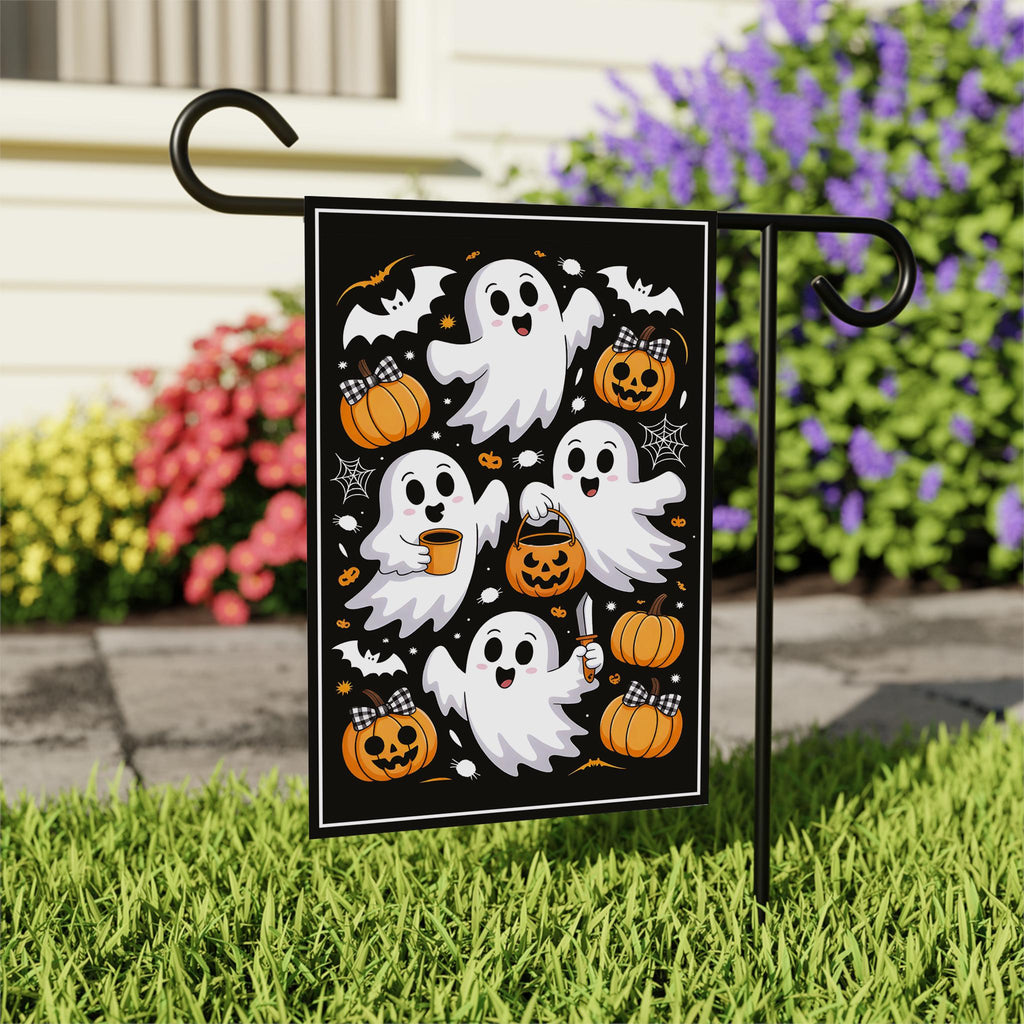 Cute Ghost Pumpkin Latte Garden Flag, Retro Ghost Halloween Yard Flag, Fall Coffee Outdoor Decor, Spooky Autumn Gift, Welcome Garden Flag