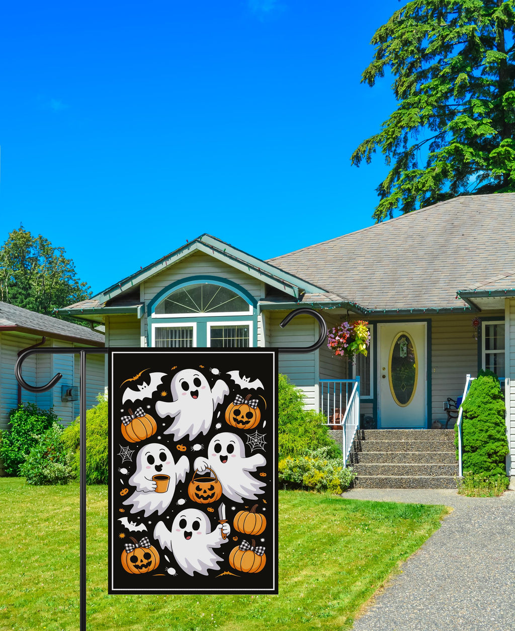 Cute Ghost Pumpkin Latte Garden Flag, Retro Ghost Halloween Yard Flag, Fall Coffee Outdoor Decor, Spooky Autumn Gift, Welcome Garden Flag