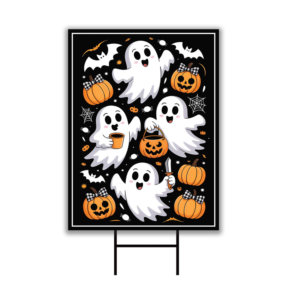 Cute Ghost Pumpkin Latte Yard Sign, Retro Halloween Lawn Sign, Fall Coffee Ghost Outdoor Decoration, Funny Autumn Decor with Metal H-Stake