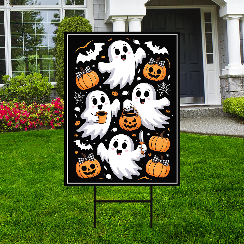 Cute Ghost Pumpkin Latte Yard Sign, Retro Halloween Lawn Sign, Fall Coffee Ghost Outdoor Decoration, Funny Autumn Decor with Metal H-Stake
