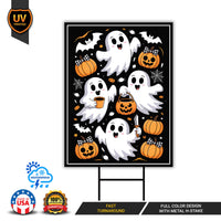 Cute Ghost Pumpkin Latte Yard Sign, Retro Halloween Lawn Sign, Fall Coffee Ghost Outdoor Decoration, Funny Autumn Decor with Metal H-Stake