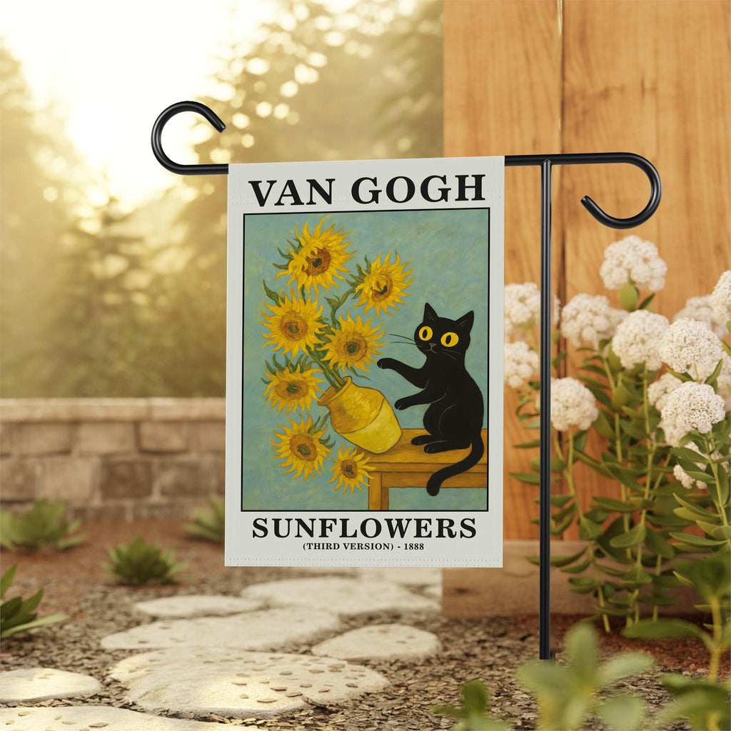 Funny Van Gogh Black Cat Garden Flag, Meme Cat Yard Flag, Kitty Lover Art Garden Decor, Artist Cat Outdoor Flag, Cute Funny Cat Welcome Flag