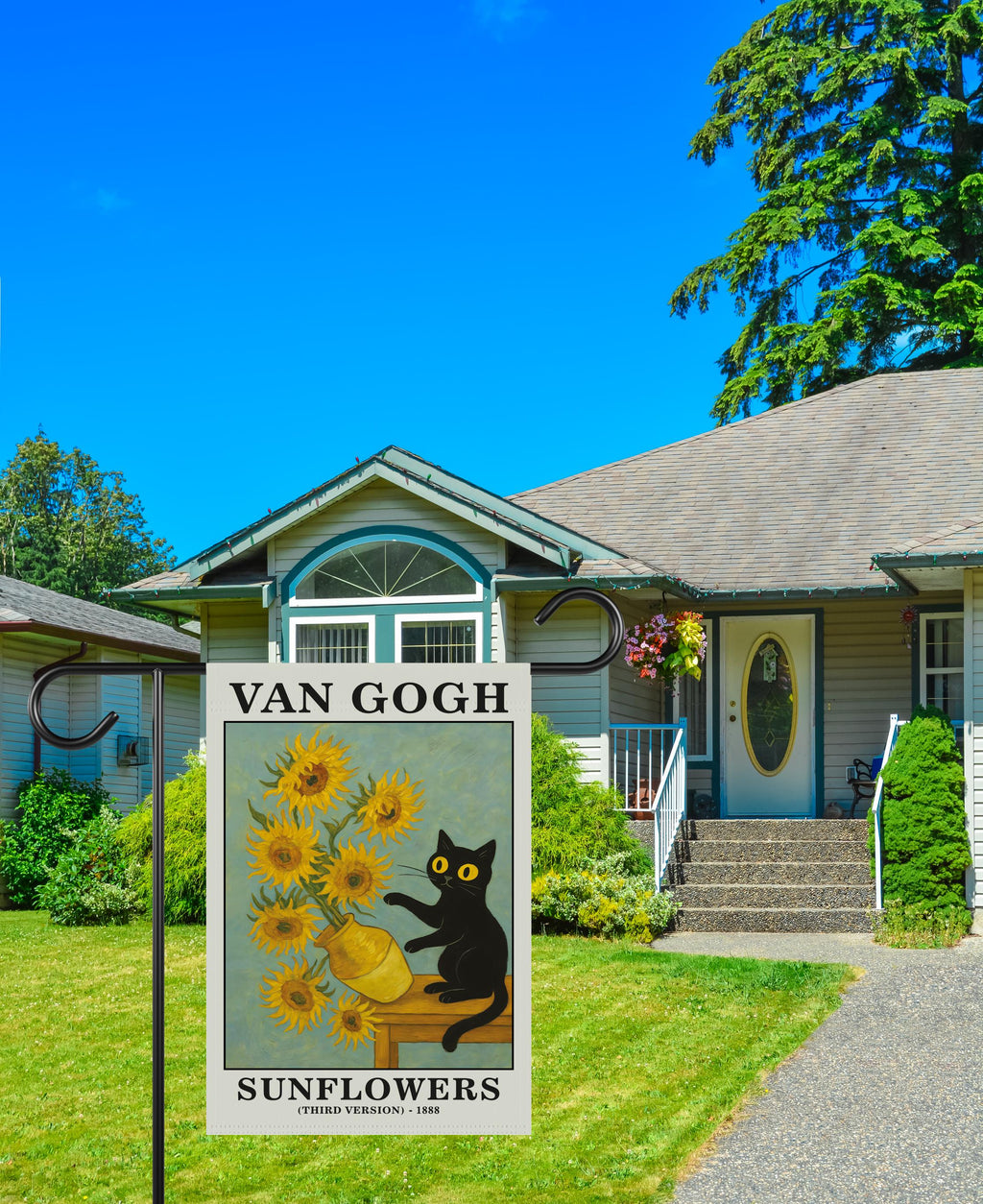 Funny Van Gogh Black Cat Garden Flag, Meme Cat Yard Flag, Kitty Lover Art Garden Decor, Artist Cat Outdoor Flag, Cute Funny Cat Welcome Flag