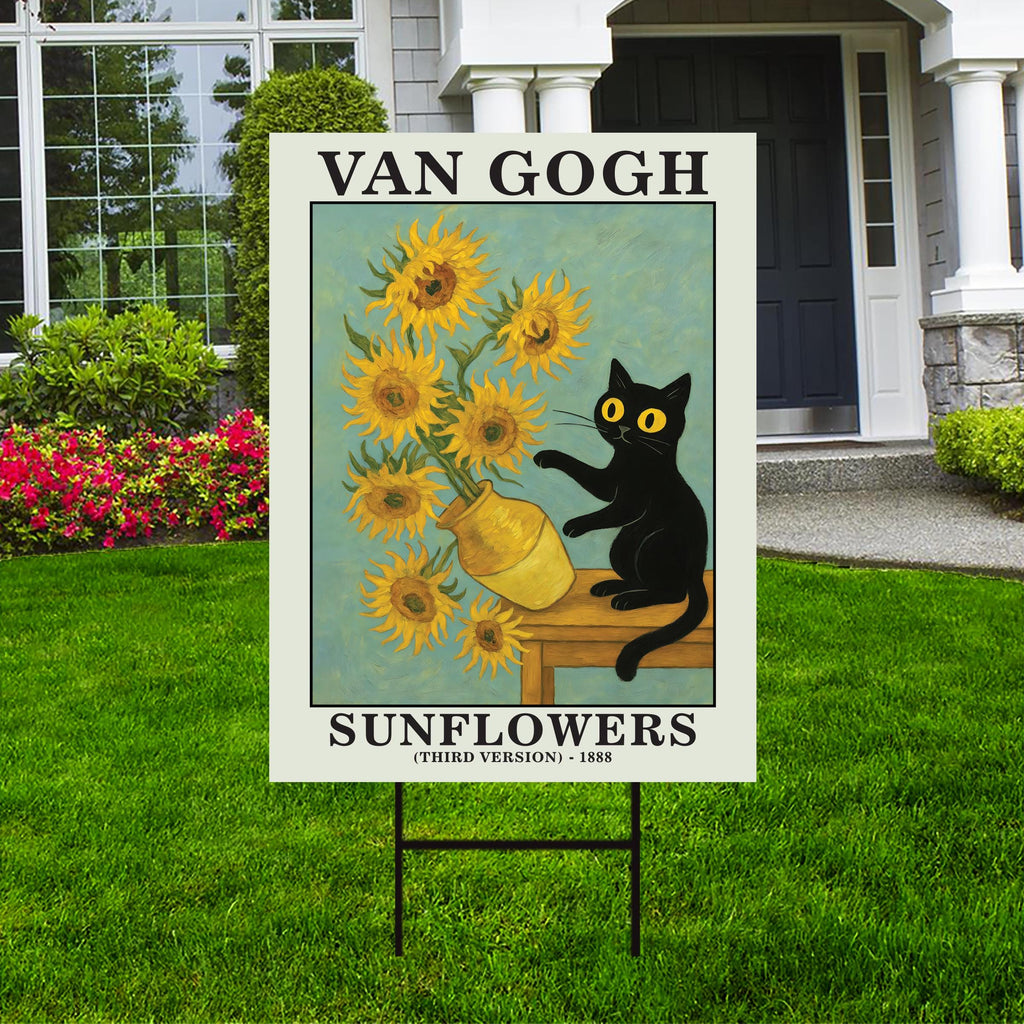 Funny Van Gogh Cat Yard Sign, Black Cat Meme Lawn Sign, Kitty Lover Outdoor Art Decor, Artist Cat Yard Decoration with Metal H-Stake