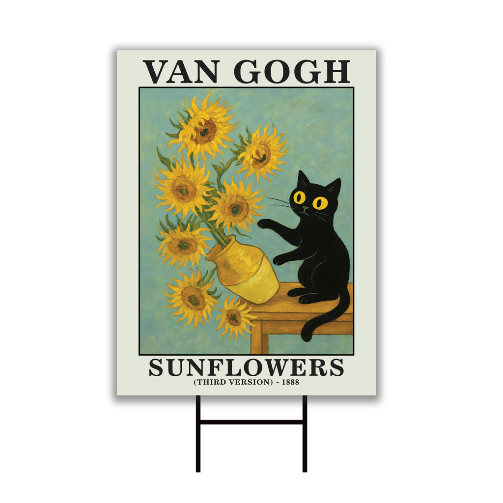 Funny Van Gogh Cat Yard Sign, Black Cat Meme Lawn Sign, Kitty Lover Outdoor Art Decor, Artist Cat Yard Decoration with Metal H-Stake